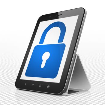Data concept: Tablet Computer with blue Closed Padlock icon on display