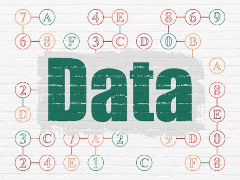 Information concept: Painted green text Data on White Brick wall background with Scheme Of Hexadecimal Code