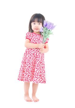 Cute asian girl posing with flowers isolated on white.