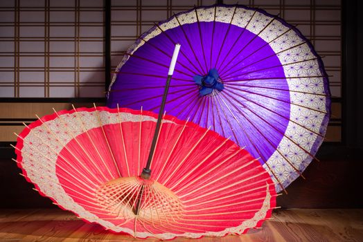 Red and purple traditional Japanese paper umbrellas with an abstract floral design.