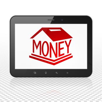 Banking concept: Tablet Computer with  red Money Box icon on display,  Tag Cloud background