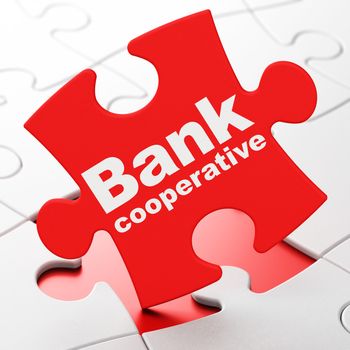 Currency concept: Bank Cooperative on Red puzzle pieces background, 3d render