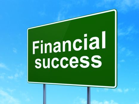 Money concept: Financial Success on green road highway sign, clear blue sky background, 3d render