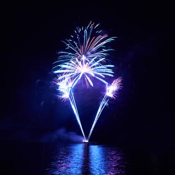 Blue colorful fireworks on the black sky background