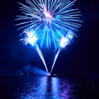 Blue colorful fireworks on the black sky background