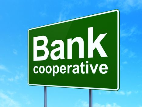 Currency concept: Bank Cooperative on green road highway sign, clear blue sky background, 3d render