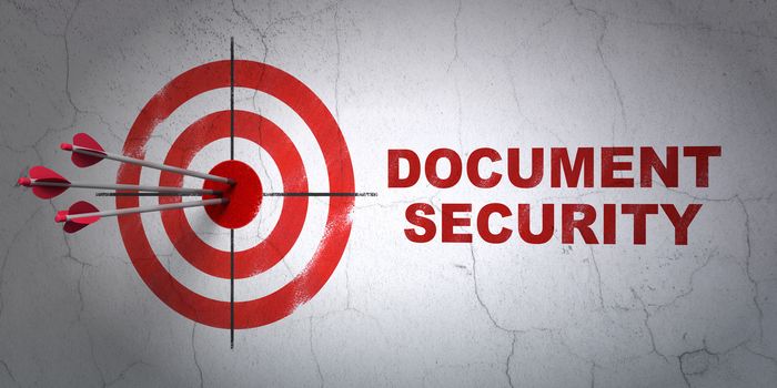 Success safety concept: arrows hitting the center of target, Red Document Security on wall background