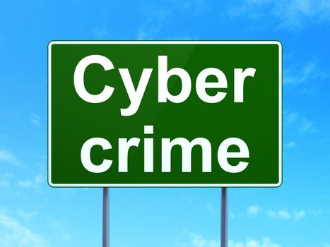 Security concept: Cyber Crime on green road highway sign, clear blue sky background, 3d render