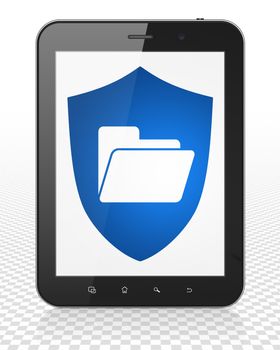 Finance concept: Tablet Pc Computer with blue Folder With Shield icon on display