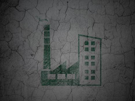 Finance concept: Green Industry Building on grunge textured concrete wall background