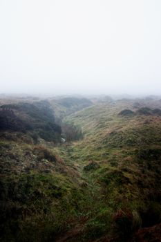 A misty mountan grassed valley in central Wales