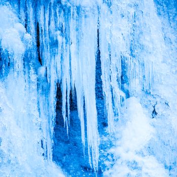 Frozen waterfall of blue icicles on the rock