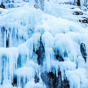 Frozen waterfall of blue icicles on the rock