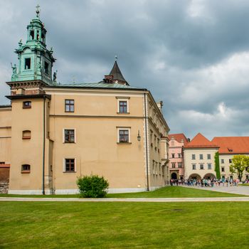 Wawel Cathedral in Krakow, Poland. Green lawn agaist the castle