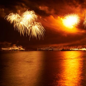 Red colorful fireworks on the black sky background