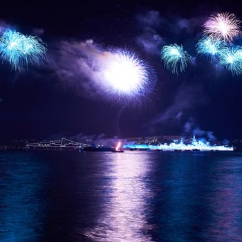 Blue colorful fireworks on the black sky background