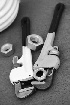 two wrenches close up, black and white picture