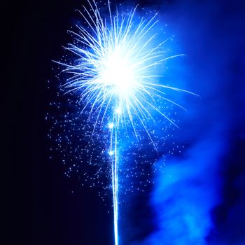 Blue colorful fireworks on the black sky background