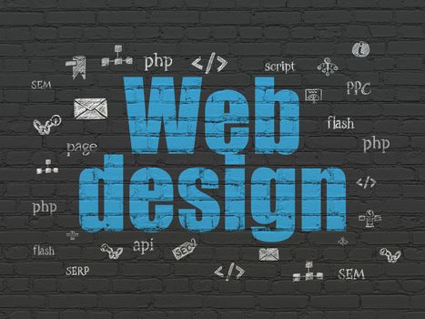 Web development concept: Painted blue text Web Design on Black Brick wall background with  Hand Drawn Site Development Icons