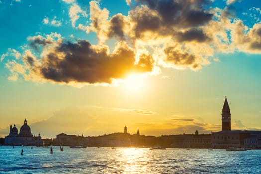 Sunset in Venice. View from the sea to Saint Mark square