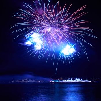 Blue colorful fireworks on the black sky background