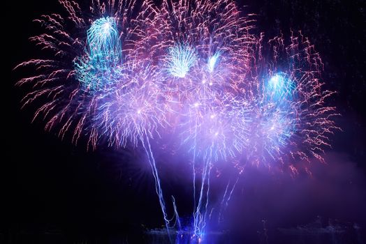 Blue colorful fireworks on the black sky background