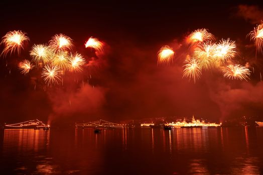 Red colorful fireworks on the black sky background