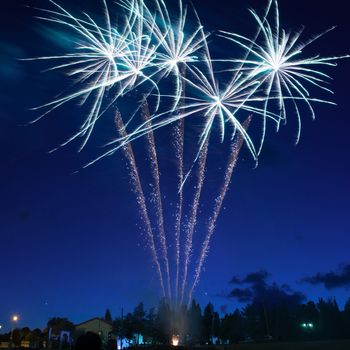 Blue colorful fireworks on night sky background