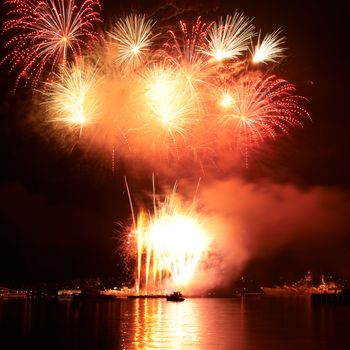 Red colorful fireworks on the black sky background