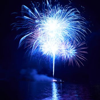 Blue colorful fireworks on the black sky background