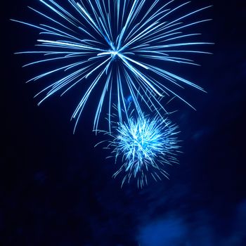 Blue colorful fireworks on the black sky background