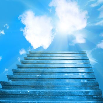 Stairway to heaven. Stairs towards sun on the blue sky with clouds