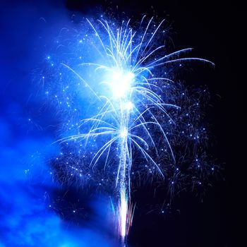 Blue colorful fireworks on the black sky background