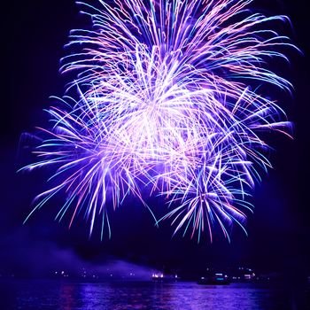 Blue colorful fireworks on the black sky background