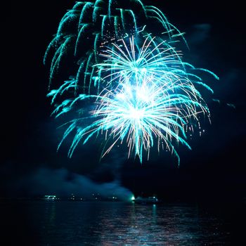 Blue colorful fireworks on the black sky background