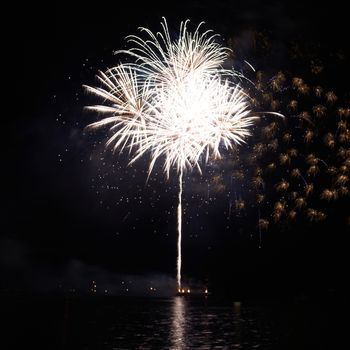 White fireworks on the black sky background