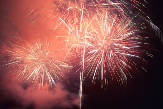 Red colorful holiday fireworks on the black sky background.