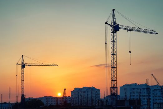 Industrial landscape with silhouettes of cranes on the sunset background