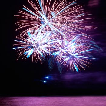 Blue and red colorful holiday fireworks on the black sky background.