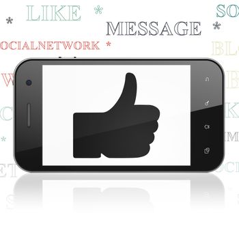 Social media concept: Smartphone with  black Thumb Up icon on display,  Tag Cloud background