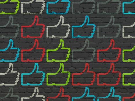 Social media concept: Painted multicolor Thumb Up icons on Black Brick wall background