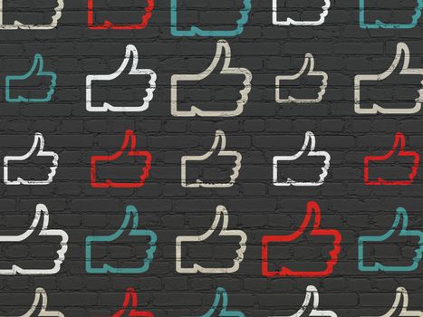 Social network concept: Painted multicolor Thumb Up icons on Black Brick wall background