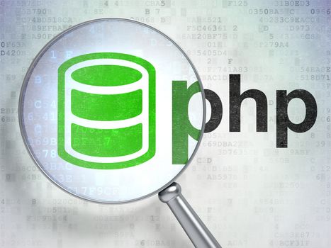 Database concept: magnifying optical glass with Database icon and Php word on digital background