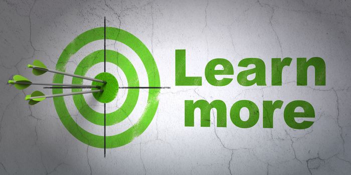 Success Education concept: arrows hitting the center of target, Green Learn More on wall background