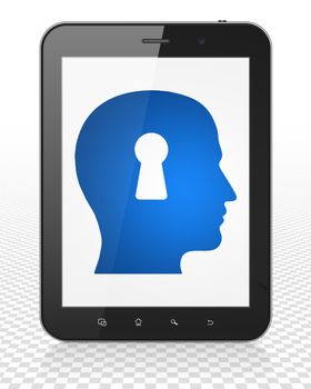 Studying concept: Tablet Pc Computer with blue Head With Keyhole icon on display