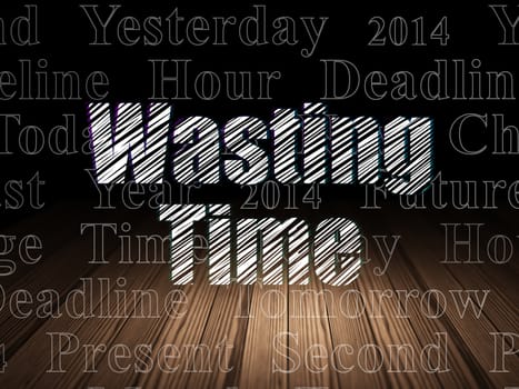 Timeline concept: Glowing text Wasting Time in grunge dark room with Wooden Floor, black background with  Tag Cloud