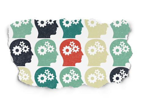 Marketing concept: Painted multicolor Head With Gears icons on Torn Paper background