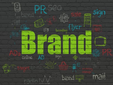 Advertising concept: Painted green text Brand on Black Brick wall background with Scheme Of Hand Drawn Marketing Icons