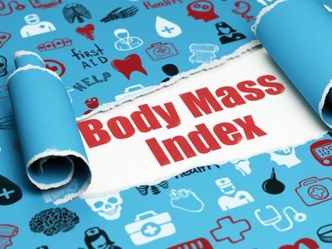 Healthcare concept: red text Body Mass Index under the curled piece of Blue torn paper with  Hand Drawn Medicine Icons
