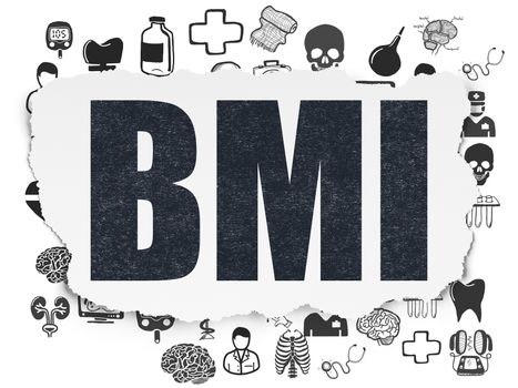 Health concept: Painted black text BMI on Torn Paper background with  Hand Drawn Medicine Icons